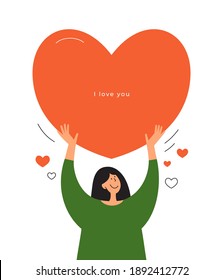 Happy girl holding big red heart in hands above head. Valentine postcard with inscription I love you. Greeting card for Mothers day. Love yourself, body positive concept. Self care vector illustration