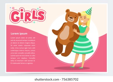 Happy girl holding big teddy bear, cute kid celebrating her birthday, girls banner flat vector element for website or mobile app