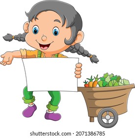 The happy girl holding a blank board beside the vegetables cart of illustration