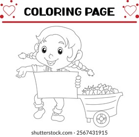 happy girl holding blank board beside vegetables coloring page for kids