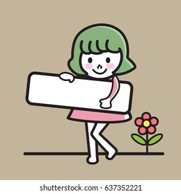 Happy girl holding blank paper, smiling girl holding an empty signage, vector illustration.