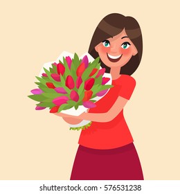 Happy girl holding a bouquet of flowers. Congratulations on the 8 of March Women's Day or birthday. Vector illustration in cartoon style