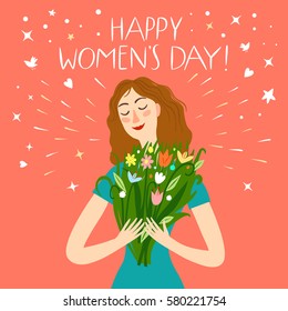 Chica feliz sosteniendo un ramo de flores. Feliz título del día de la mujer. Ilustración de vacaciones de primavera para su diseño.