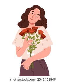 Muchacha feliz que sostiene un ramo de rosas. Día de San Valentín, romance, celebración y concepto de belleza