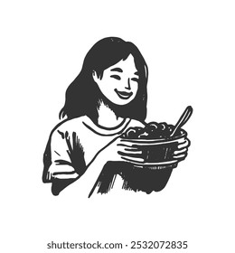 Happy Girl Holding a Bowl of Food - Hand-Drawn Line Art. Black and white line art of a smiling girl holding a bowl of food with a spoon. Perfect for lifestyle, food-related projects