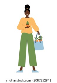 Happy girl holding cactus in pot and bag with different housplants. Female character taking care of houseplants. Potted plants in the house. Cartoon style. Isolated on white