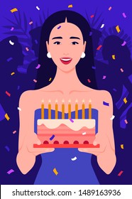 Happy girl holding a cake with candles in her hands. Birthday party. Celebration. Vector flat illustration