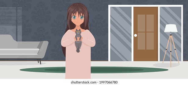 Happy girl holding a cat in her arms. Cute baby having a pet friend to play with. Cartoon anime style. Vector.