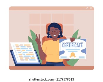 Happy girl holding certificate 2D vector isolated illustration. Course graduate flat character on cartoon background. Colourful editable scene for mobile, website, presentation. Bebas Neue font used