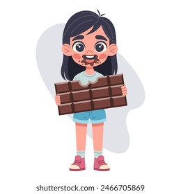 Happy girl holding chocolate bar, hand-drawn, flat vector illustration, white background