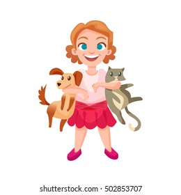 Happy girl holding dog and cat at sides. Isolated children vector illustration.