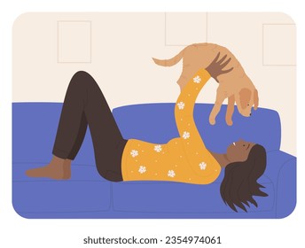 Happy girl holding dog puppy. Domestic friend pet, adorable doggy vector illustration