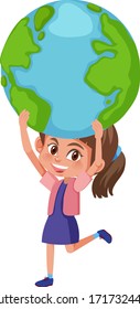 Happy girl holding the earth on white background illustration