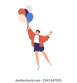 Happy girl holding festive helium balloons bunch, floating up. Smiling female with plastic baloons bundle in hand, rising, flying with joy. Flat vector illustration isolated on white background