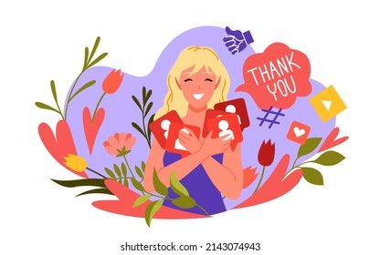 Happy girl holding followers badges to celebrate number of fans and audience in social media vector illustration. Cartoon blogger character standing among flowers and hearts isolated on white