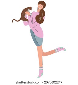 Happy girl holding a funny cat in her arms. Young woman in a pink sweater and socks gently plays with a kitten. Design of a pet shop, veterinary clinic, shelter. Flat isolated vector.