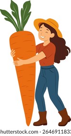 Garota Feliz Segurando Cenoura Gigante. Ilustração vetorial. Isolado no fundo branco.