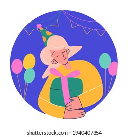 Happy girl holding Gift box. Around decorative balloons and garlands. She Enjoying the Party. Happy Birthday Concept. Flat Vector Illustration.