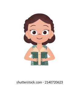 Happy girl holding a gift. Drawing in cartoon style. Vector.