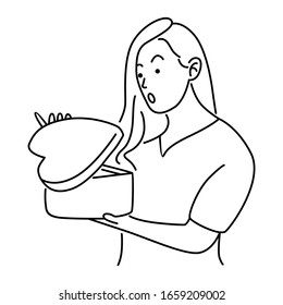 Happy girl holding a gift in her hands. Gets a gift or presents a gift box. Holiday concept birthday, christmas, valentines day. Line art vector illustration
