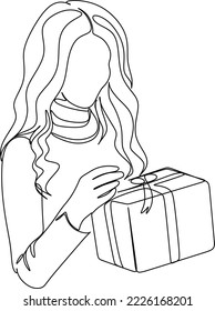 Happy girl holding a gift in her hands. Gets a gift or presents a gift box. Holiday concept birthday, christmas, valentines day. Line art vector illustration