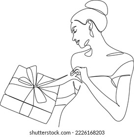 Happy girl holding a gift in her hands. Gets a gift or presents a gift box. Holiday concept birthday, christmas, valentines day. Line art vector illustration