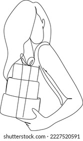 Happy girl holding a gift in her hands. Gets a gift or presents a gift box. Holiday concept birthday, christmas, valentines day. Line art vector illustration