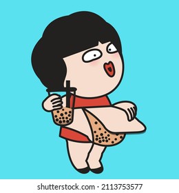 Happy Girl is Holding A Glass Of Bubble Milk Tea While Opening Her Bubble Milk Tea Storage Fat Belly Concept Card Character illustration