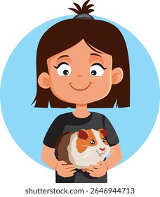 
Garota feliz segurando um personagem de desenho animado Vetor de Porco-Guiné. Adorável criança cuidando de seu animal de estimação doce brincando com ele