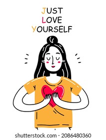 Happy girl holding a heart in the rock with the inscription just love yourself. Vector illustration with self-love character.