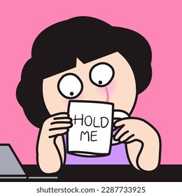Happy Girl Holding Her Cup Of Coffee With Text Hold Me On It At Office Desk Concept Card Character illustration