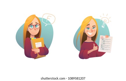 Happy girl holding her excellent report card cartoon vector Illustration