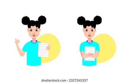 Happy girl holding her excellent report card cartoon vector Illustration. Flat design