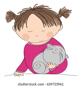 Happy girl holding her little grey kitten - original hand drawn illustration