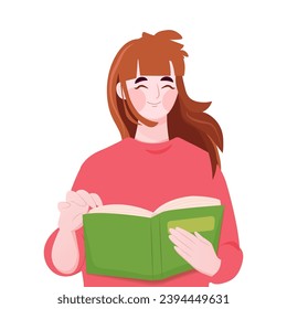 Happy girl holding huge book or diary. Bookworm, reader, literature or poetry lover. Rare or limited edition. Female in love with book. Young woman loving read. Writer, author. Art vector illustration