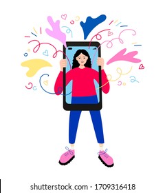 Happy girl holding huge phone in her arms. Distancing, spreading online positive vibes concept. Blogger, content creator, influencer, social media, communication, smm. Vector flat cartoon illustration
