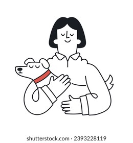 Happy girl holding, hugging a dog. Dog shelter, veterinarian, pet friendly. Outline, linear, thin line, doodle art. Simple style with editable stroke.