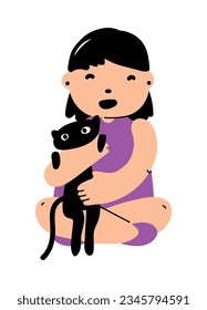 Happy girl holding a kitten in her hands. Favorite pet. Black cat with owner. Cartoon vector illustration in flat graphic style. Concept illustration for postcard banner.