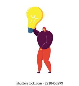 Happy girl holding light bulb. Creative young person with innovative ideas flat vector illustration. Brainstorming, innovation, creative thinking concept for banner