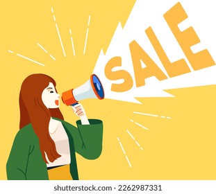 Happy girl holding megaphone shouting loud calls customers announcing sale Promotion advertising concept