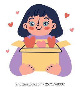 Happy girl holding an open box filled with red and pink hearts. Whimsical, flat style with vibrant colors vector illustration. Ideal for themes of love, kindness, generosity, Valentine's Day.