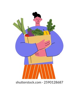 Happy girl holding paper bag with fresh vegetables. Eco-Friendly grocery shopping, organic farm produce, healthy food, zero waste lifestyle, sustainable living, vegan diet concept illustration.