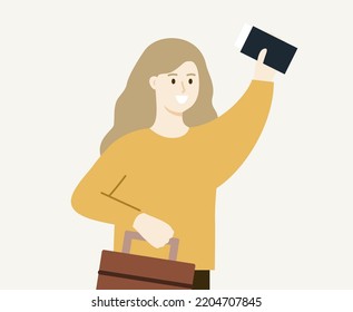 Happy girl holding passport and suitcase. Woman travelling. Airport departure, holiday, vacation, tourism, journey concepts. Flat cartoon character vector design illustration.