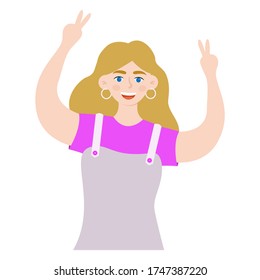 Happy girl holding up Peace fingers. Flat vector illustration isolated on white background. Cartoon.