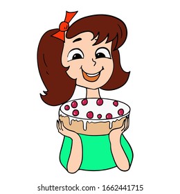 Happy girl holding a pie in her hands and smiling. Cartoon style drawing