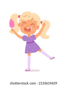 Happy girl holding pink ice cream to eat and enjoy vector illustration. Cartoon cute kid in summer dress jumping with fun, child eating delicious sweet dessert on stick isolated on white
