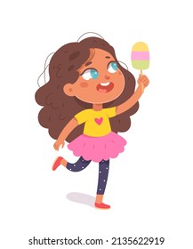 Happy girl holding pink ice cream to eat and enjoy vector illustration. Cartoon cute kid in summer dress jumping with fun, child eating delicious sweet dessert on stick isolated on white