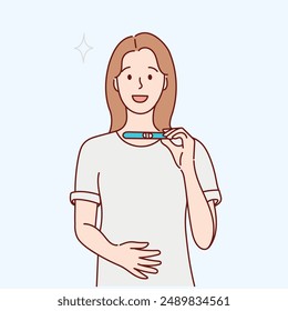 happy girl holding a pregnancy test. vector line drawn illustration