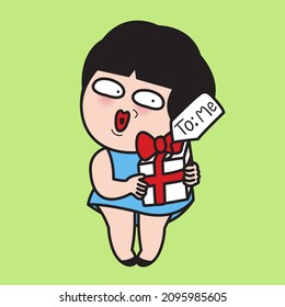 Happy Girl is Holding Present With Bow And Personalised Gift Tag To Herself. Treat Yourself. Self Love Concept Card Character illustration