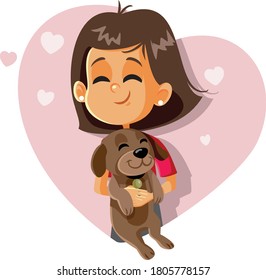 Happy Girl Holding a Puppy Vector Cartoon